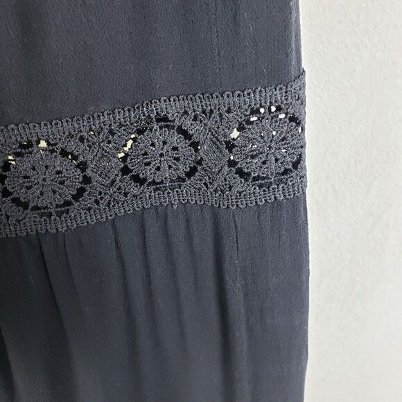 Boho Floral Embroidery Duster Kimono Womens M Black Buttoned Waist Peasant Lace - Picture 6 of 10